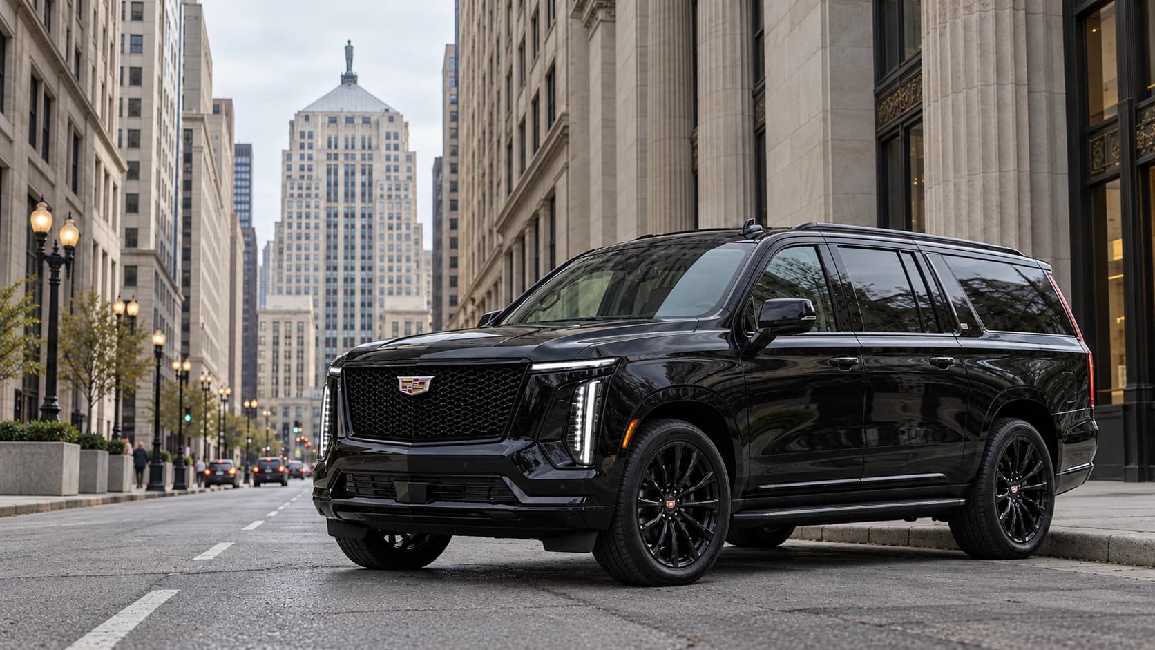 Black Cadillac Escalade ESV on a Chicago street