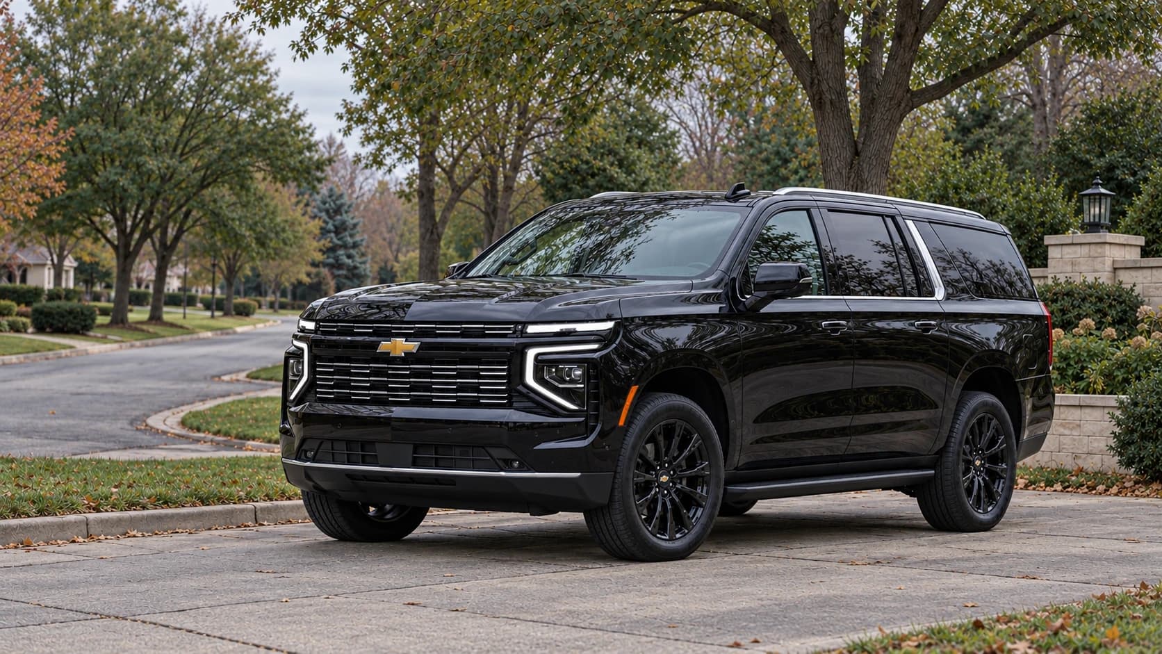 Black Chevrolet Suburban on a tree-lined suburban road