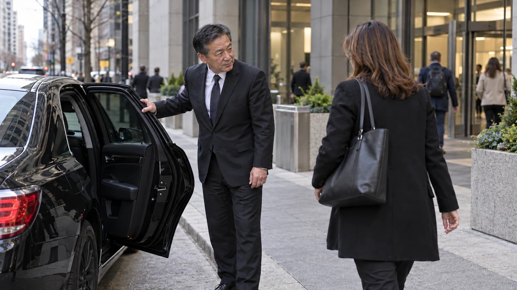 Chauffeur holding a passenger door for a client outside an office entrance