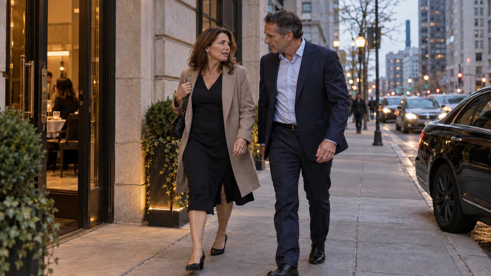 Couple arriving for an evening out in Chicago