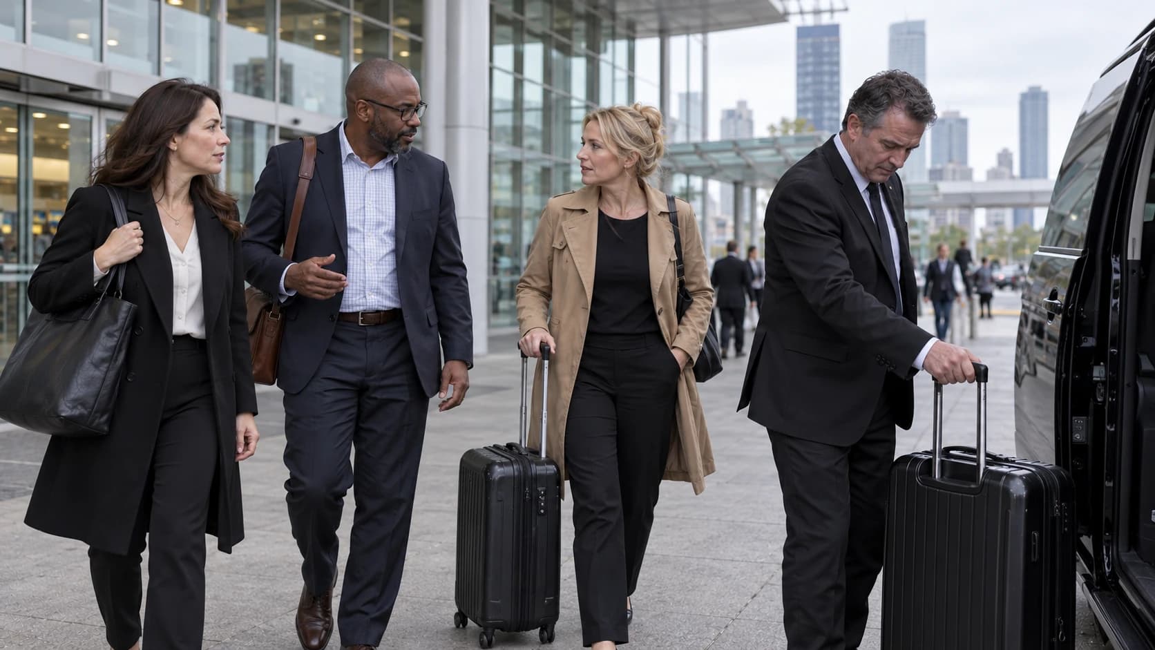 Colleagues meeting their chauffeur beside a passenger van at a convention venue